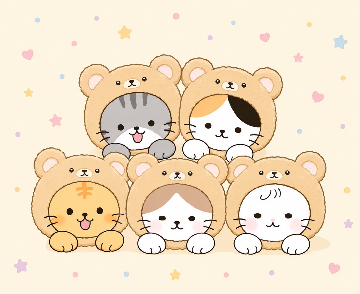 caburunyan's tweet photo. 今日はみんにゃでふわふわのくまさんに変身だにゃ🧸🩷

＃かぶるにゃん #くま #illustration‌‌ https://t.co/PfP5ELqvXb