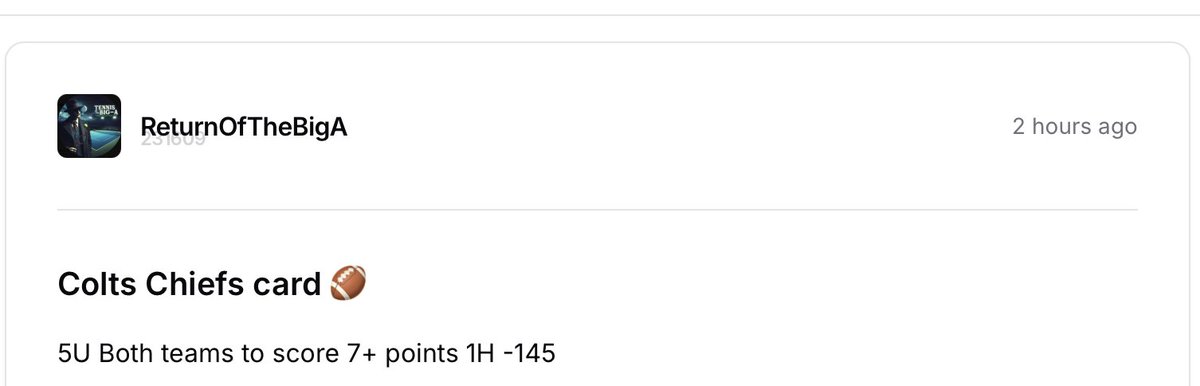 ReturnOfTheBigA's tweet photo. Cash the biggest play in the Colts Chiefs game 10 minutes in! We hit the biggest play in each NFL slate and dominated tennis today LFG 🔥 🔥 

5U Colts Chiefs both teams to score 7+ points 1H -145 ✅ https://t.co/vSmYWXSU9C