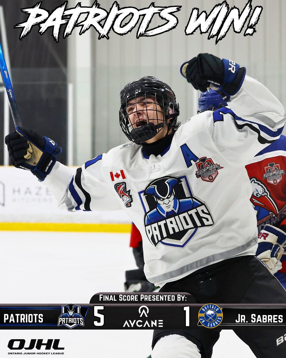 OJHLPatriots's tweet photo. 🚨 Final  🚨 

Patriots 5 - Buffalo 1 🫡

Balanyk, Hall, Gaudry, Collins and Cervjakovs with the goals. 🥅

Caracciolo stops 19 of 20. ✅

Next stop: Mississauga on Wednesday. 🚎💨

Final Score presented by: @AYCANEHockey 

#ojhl #gameday #gameday #fyp #win https://t.co/jvNsJWiiEs