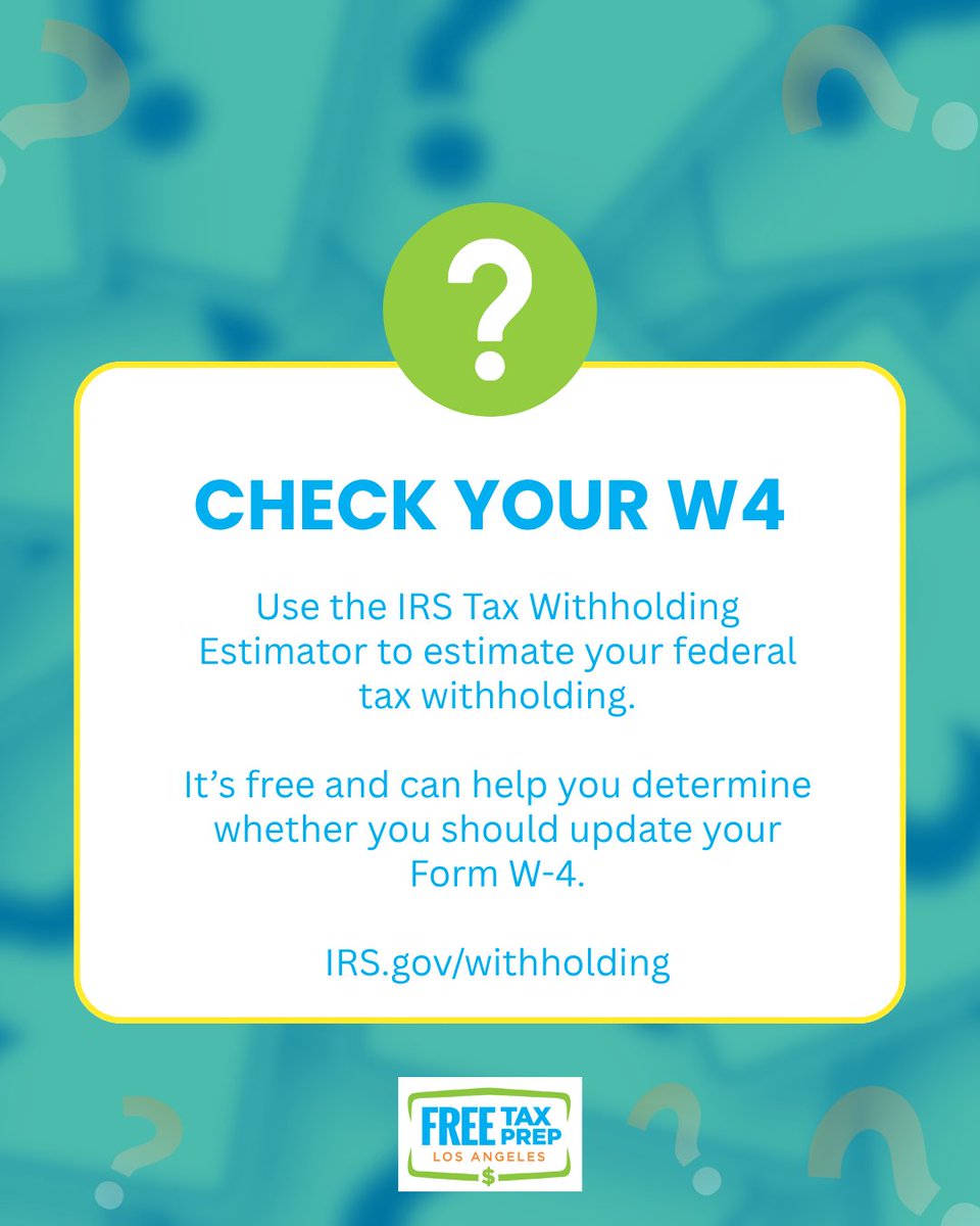 FreeTaxPrepLA's tweet photo. Has something changed in your job, income, or family this year? It may be time to review your federal tax withholding.

Use the IRS Tax Withholding Estimator at https://t.co/QnIfaTyuZo.

Have tax questions? FTPLA is here to help.

#FTPLA #TaxTips #TaxWithholding https://t.co/GhQ48QBsO6