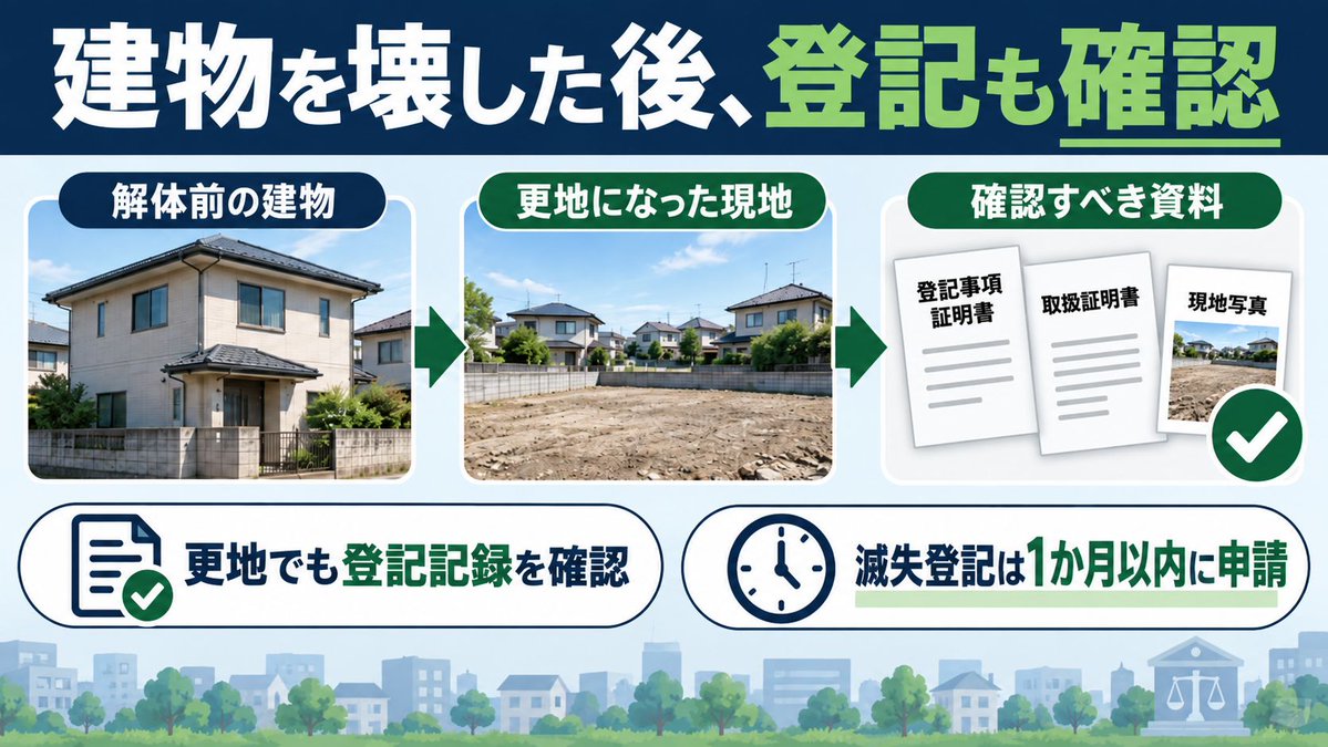 nayuta_office's tweet photo. 🏠Q：建物を壊した後に何を確認するか🤔

A：建物を解体した後は、現地が更地になっていても登記記録に建物が残っていないかを確認し、建物滅失登記の対象と資料を整理する📄

🔎確認するときは
・登記事項証明書、取毀証明書（解体業者が発行する取壊しの証明）、現地写真等を確認し、滅失日を特定する✅
・建物滅失登記は、表題部所有者または所有権の登記名義人が滅失の日から1か月以内に申請する義務がある（不動産登記法第57条）⏰
・登記・図面・契約・現地のどれを根拠にしているか整理する📚
・未登記建物は滅失登記ではなく市町村への家屋滅失の届出等が関係するため、所在地の運用も確認する🏢

⚠️注意したいのは、更地になった、固定資産税の課税対象から外れたというだけでは、建物の登記記録は原則として消えないことです。
一つの資料や見た目だけで結論を出さず、資料の目的・作成時点と現在の現況が一致するかを見ます👀
確認した根拠、まだ確認できていない点、相談先をメモしておくと、後から判断の経緯を追いやすくなります📌

売買や工事に進む前なら、確認結果と未確認事項を関係者で共有しておくと手戻りを減らせます📝

✅「建物滅失後の確認」は、まず事実関係を分け、根拠資料と現況を照合して判断しましょう