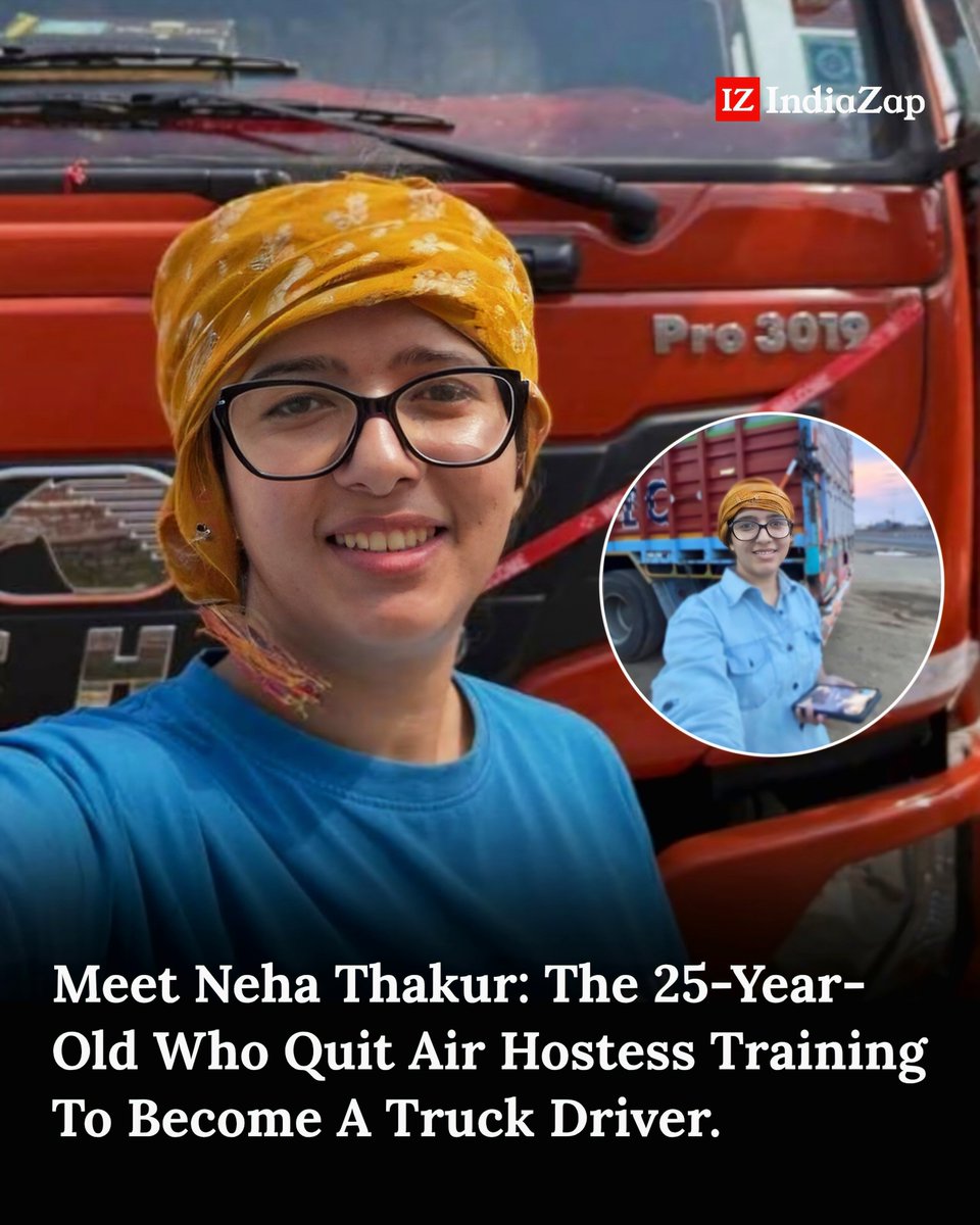 TheIndiaZap's tweet photo. Neha Thakur, 25, from Mandi district, left her air hostess training after Covid-19 to become Himachal Pradesh's first woman truck driver. She now drives a heavy commercial vehicle across India, documenting her journey on social media. https://t.co/l6s39vp5vx