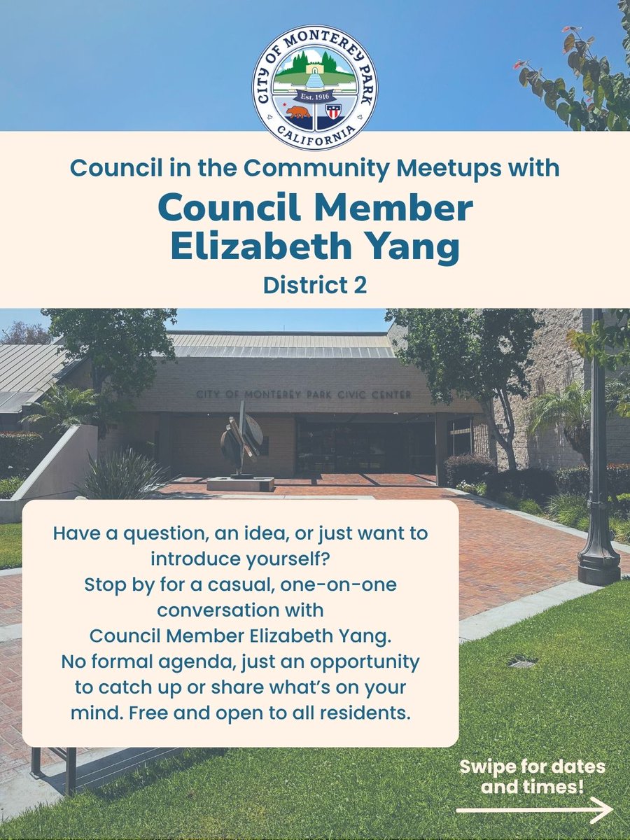 cityofmpk's tweet photo. Join Council Member Elizabeth Yang for a community chat this Thursday at Barnes Park, 4-5 PM. No agenda, just connect and share your thoughts! π 350 S. McPherrin Ave. Free and open to all. #MontereyPark #CommunityMeetup https://t.co/Pw94BdZqJA