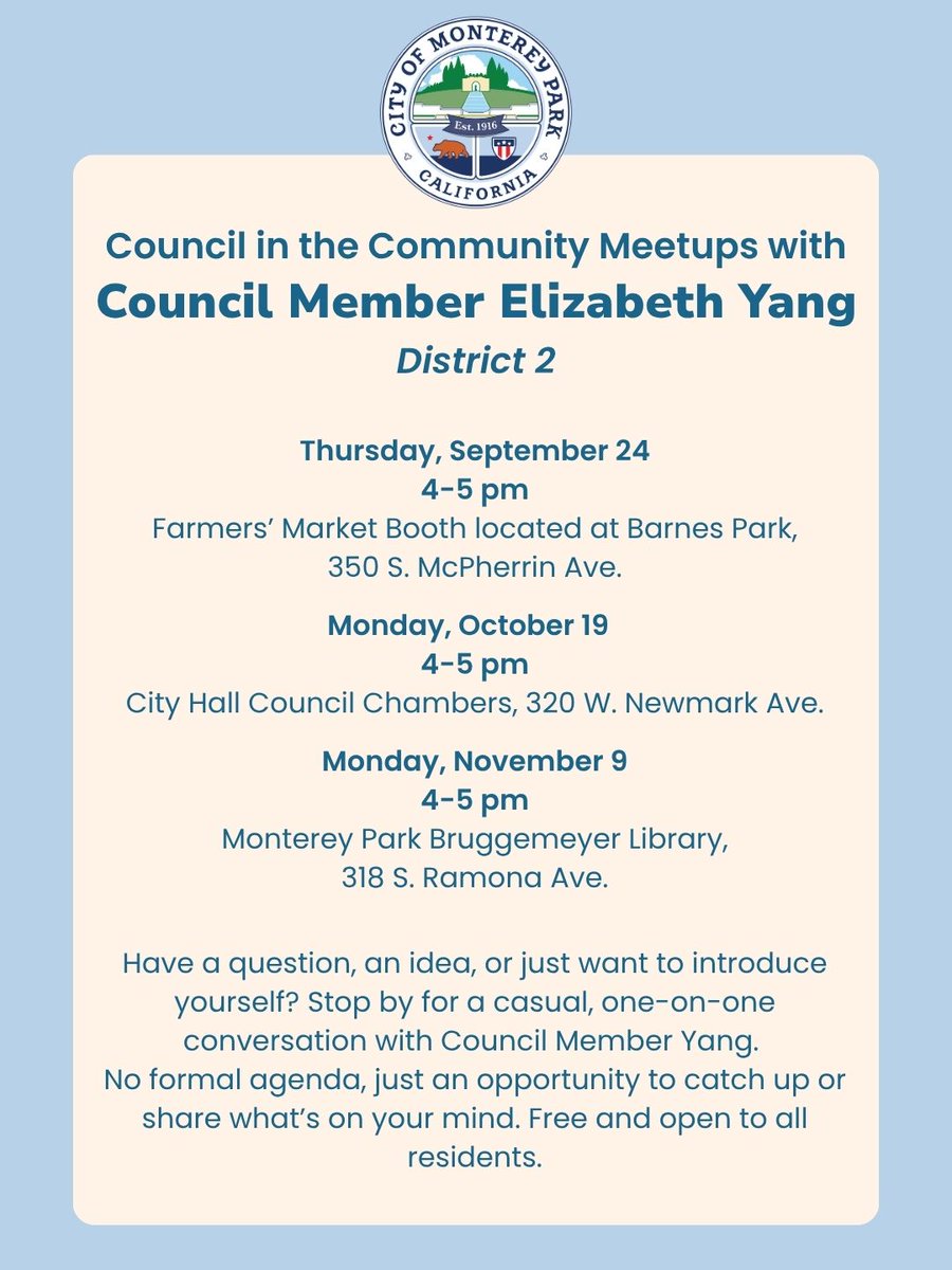 cityofmpk's tweet photo. Join Council Member Elizabeth Yang for a community chat this Thursday at Barnes Park, 4-5 PM. No agenda, just connect and share your thoughts! π 350 S. McPherrin Ave. Free and open to all. #MontereyPark #CommunityMeetup https://t.co/Pw94BdZqJA