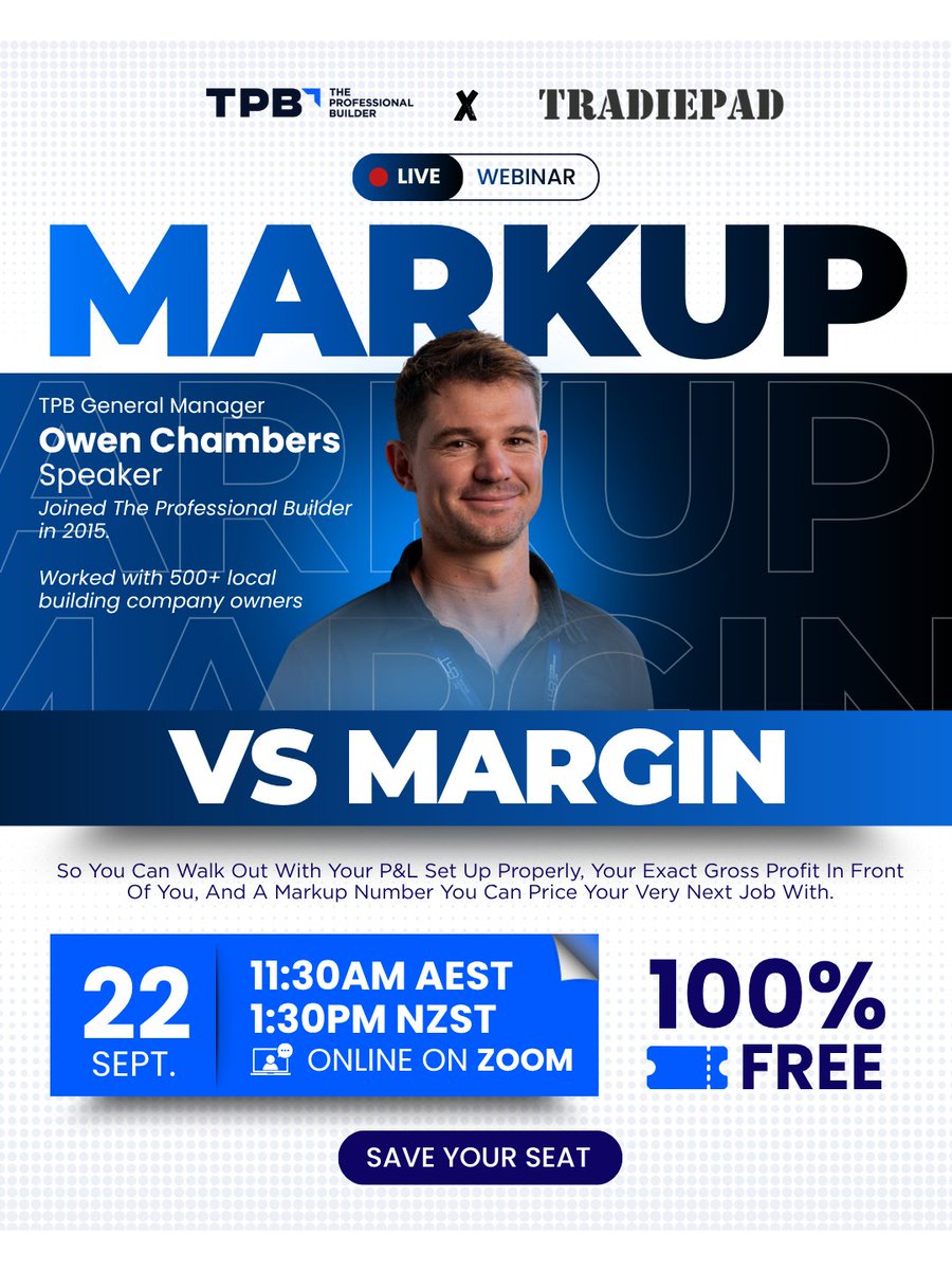tradiepad's tweet photo. 🚨 Last chance, builders! Markup, margin and your P&amp;L can tell very different stories. Join our free webinar with The Professional Builder and get practical tools to help make sense of your numbers.

📅 22 September - Register here: https://t.co/f7ZE5RcrVd https://t.co/YYmVRXGSHd