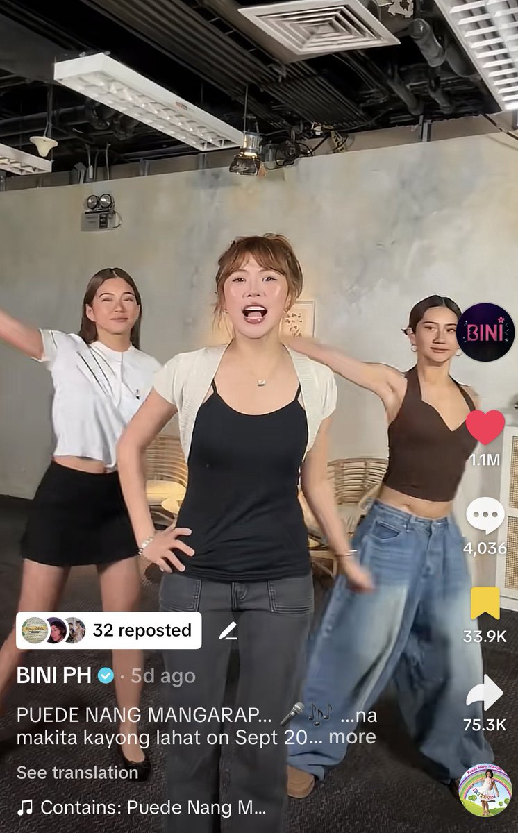 bini_writes's tweet photo. 1.1 MILLION LIKES?! 🤟

BINI’s entry for Lyca Gairanod’s Puede Nang Mangarap trend is the MOST-LIKED post on Tiktok — underscoring BINI’s pull and power as the first and only Filipino to reach more than 60 BILLION views on the said platform. 

That’s on the Nation’s Girl Group. 
#BINi