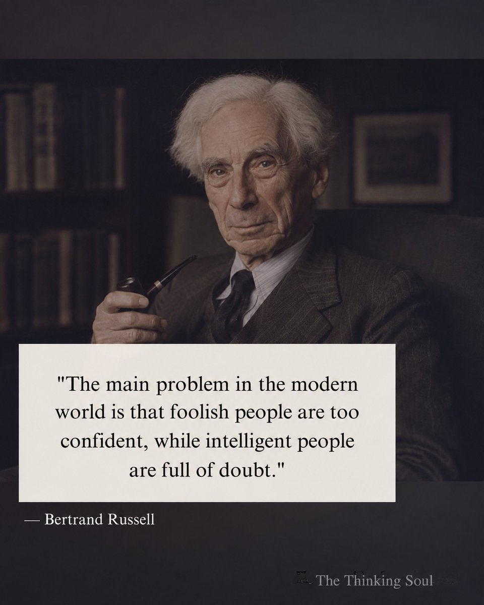 AssuntaSchuyix's tweet photo. In 1918, the British government imprisoned Bertrand Russell for six months because of his pacifist stance during the First World War. While the public was consumed by the absolute certainty of conflict, Russell remained a dedicated skeptic, https://t.co/Q8VMYD4Sab