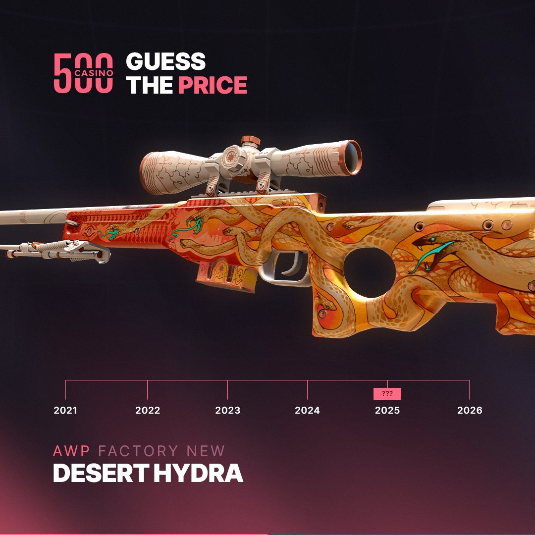 CSGO500's tweet photo. Can you guess the price of an AWP | Desert Hydra (FN) in 2025 for a chance to win a prize? 👀

🔁 + Comment your guess! https://t.co/WQhduTB311
