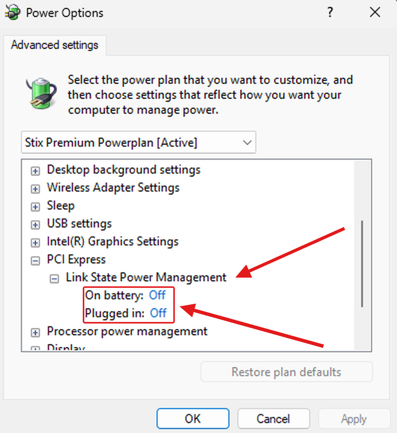 StixTweaks's tweet photo. 🚨 Windows Users

Your PCIe slot might be POWER SAVING mid game

Here's how to check ⬇️

1. Press Windows + R
2. Type powercfg.cpl and hit Enter
3. Click Change plan settings, then Change advanced power settings
4. Open PCI Express and set Link State Power Management to Off https://t.co/Bh7X8F67wu