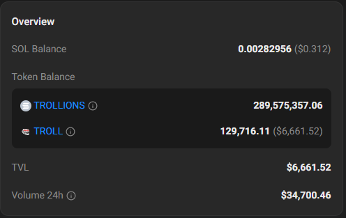 TrollionsTroll's tweet photo. Looks like @dexscreener often messes up LP displays for rewards tokens. I sent an email to get that corrected ($ZCAT looks alright so they can).

Remember to hold some $SOL in your account to keep it alive and get $TROLL. None is lost, pending rewards stay in queue for you. https://t.co/QU8IeSP9x0