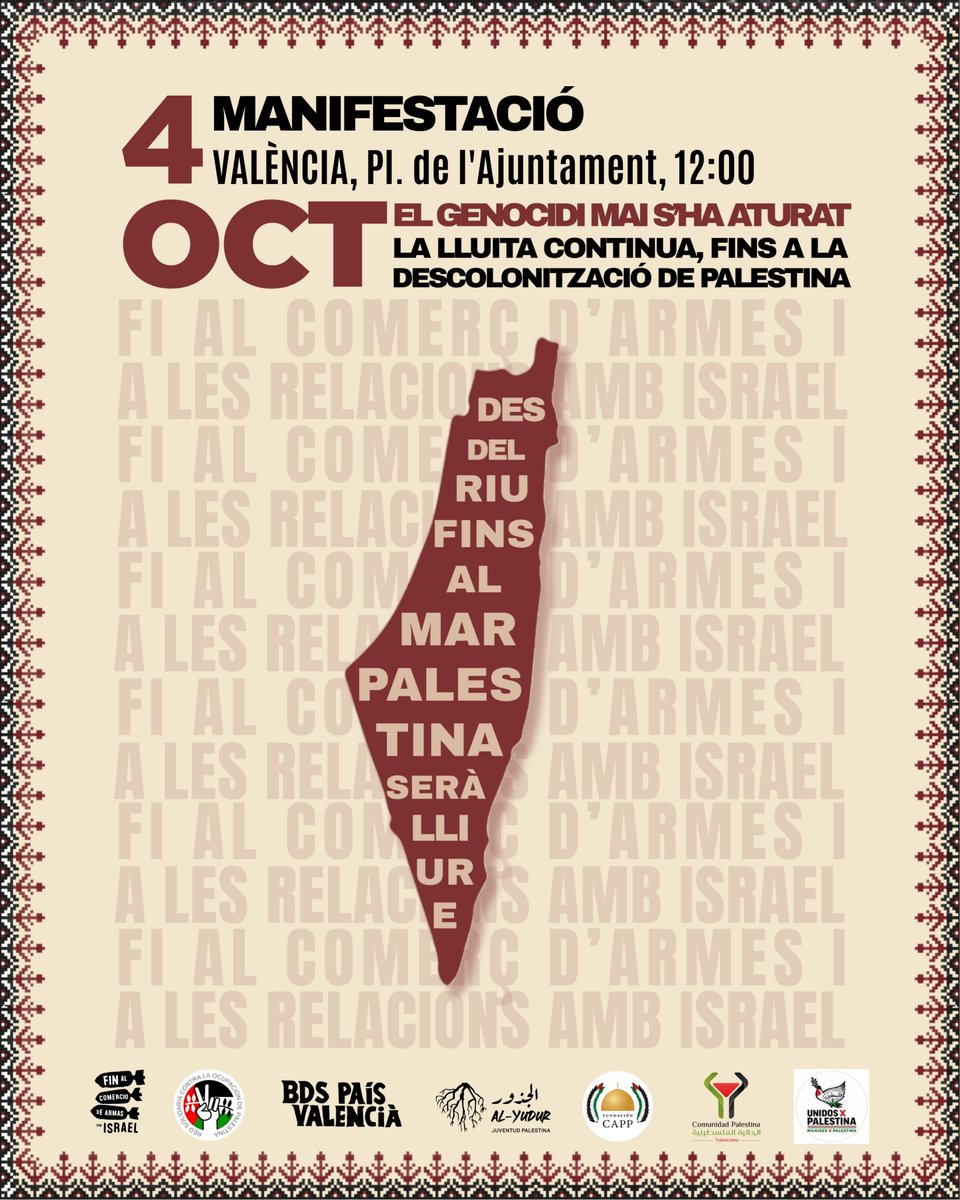 BDSPaisValencia's tweet photo. ❗🇵🇸 Nova MANIFESTACIÓ per Palestina a València ❗🇵🇸 (més de 40 des d'octubre del 2023)

📍Diumenge 4 d'octubre, 12h, inici: pl. de l'Ajuntament

✊🏼 El genocidi continua, però també el BDS, la solidaritat internacionalista i la lluita de la resistència! 
👇🏽 https://t.co/bm5wtLl8ww