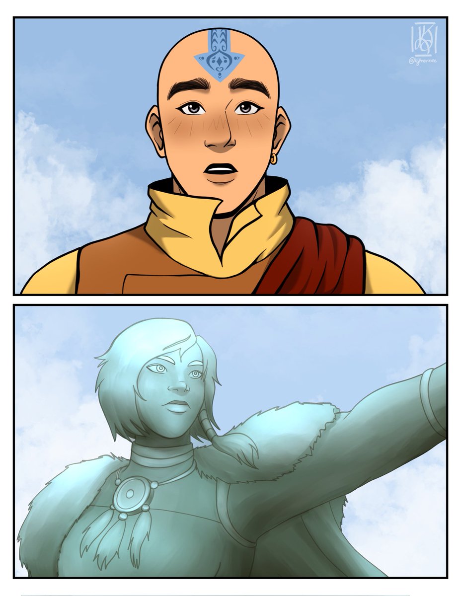kjthenbee's tweet photo. Felt like making some more art for my ATLA/LoK Swap AU! Here we have 18 year old Aang seeing the statue of his previous life, Avatar Korra, for the first time upon arriving to Republic City 🏙️ 

#atla #aang #korra #lok https://t.co/ui5kGNi1Ho