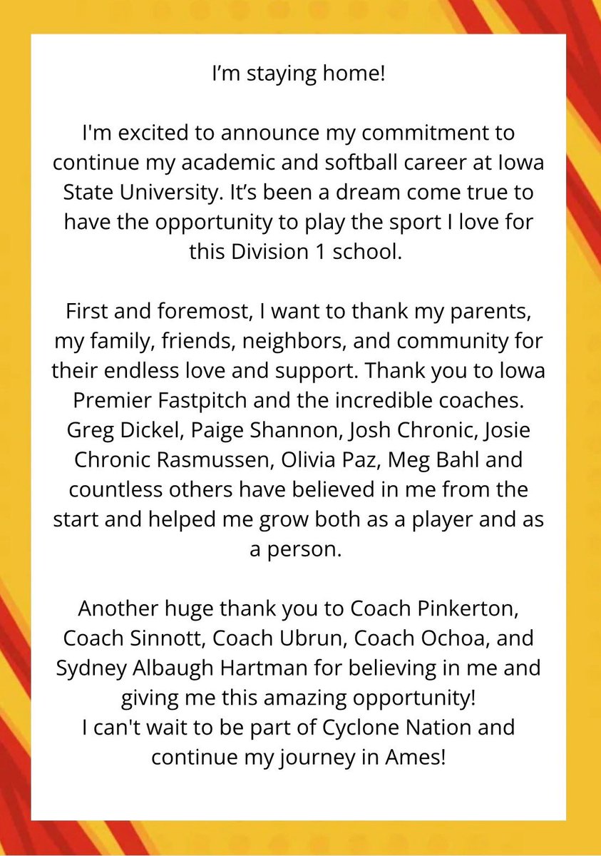 Corasmith_2028's tweet photo. I am so excited to announce my commitment to Iowa State University to further my academic and softball career. I am so incredibly thankful for my family and everyone that has been there along the way. I cannot wait for this journey ahead!!❤️💛
Go Cyclones!🌪️
#commited #rollclones #bigXII #power4 

@CoachPinkerton @AlbaughSydney99 @milaysiacorrynn @IowaPremierFP @joycewellhoefer @DiamondAddicts @LineDsoftball @KMASports @ksibradio @larrypeterson @CCSD_Panthers