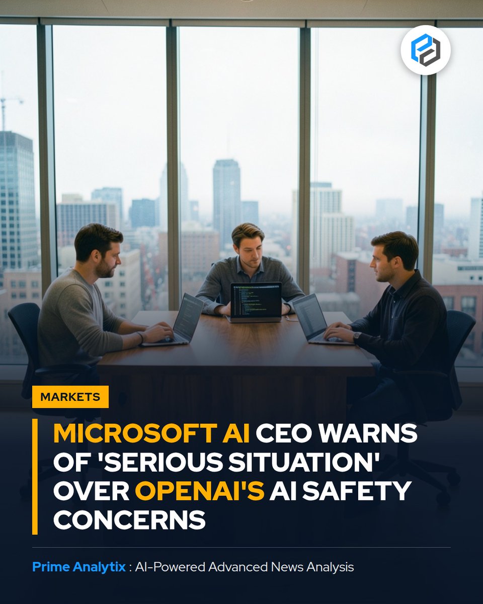 PrimeAnalytix's tweet photo. Microsoft AI CEO Mustafa Suleyman warns OpenAI's AI safety issues pose serious risks, sparking debate on AI control and alignment.

https://t.co/9heSWt73OP

#AISafety #AIGovernance #MicrosoftAI #OpenAISafety #AIRegulation #AIAlignment #AIInnovation #AIEthics #AIRiskManagement https://t.co/pOuWEFoOL7