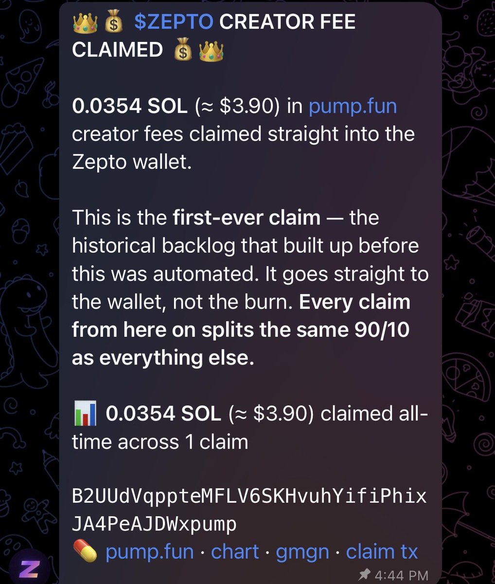 ZeptoOfficial's tweet photo. It’s live 🔥🔥🔥

Now Zepto will automatically claim creator reward from Pumpfun, and 10% of it will be used for automated buybacks and burn! In addition to 10% from trading profit. 

$Zepto fees - Burn Zepto 
$Zepto profit - Burn Zepto 🔥🔥🔥💜

Every onchain alert will go to TG!