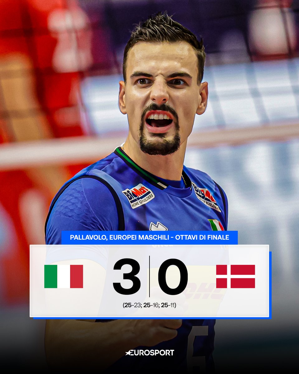 Eurosport_IT's tweet photo. L'ITALIA DOMINA LA DANIMARCA E ACCEDE AI QUARTI 🤩🇮🇹

Grandissima prova per la squadra di De Giorgi che, dopo aver annichilito 3-0 la Danimarca, accede ai quarti di finale, dove affronterà la Finlandia 👀

L'Italia raggiunge così i quarti per l'8ª edizione di fila degli Europei: nelle precedenti 7 sono arrivate 5 medaglie, inclusi l'oro del 2021 e l'argento del 2023 💭

#Pallavolo #Volleyball #EuroVolley #ItalVolley