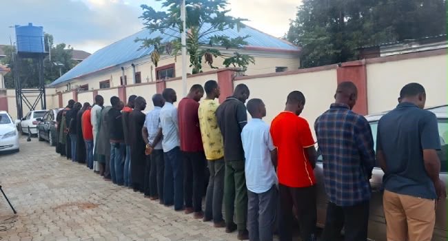 Realoilsheikh's tweet photo. "Suspended NSCDC Killers of Niger Miners Paraded in Abuja today."

Me: If they're found guilty, they should be locked in a cell until they give up too. https://t.co/m2HwnxXf9J