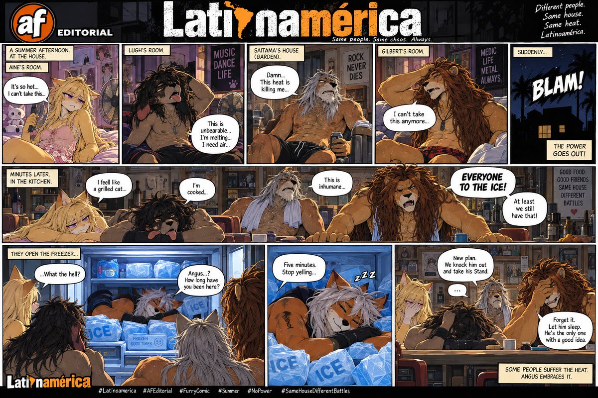 AngusFreyr's tweet photo. 🌡️ «¡TODOS AL HIELO!»
Cuando se corta la luz en Latinoamérica, el calor no perdona… ¡pero Angus tiene su propio aire acondicionado! 😂❄️
#Latinoamerica #ComoLaVidaMisma #AFEditorial #AngusFreyr #FurryComic #Furry #ComicHumor #HumorLatino #CorteDeLuz #Verano #Calor #StandUser #ComicArgentino