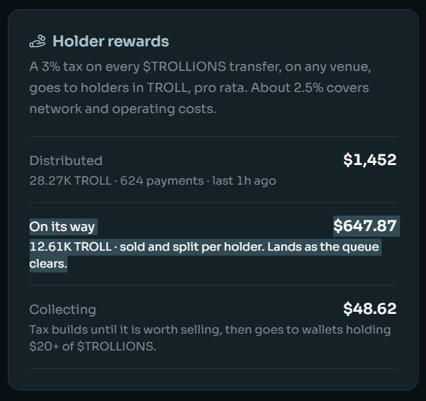 TrollionsTroll's tweet photo. Looks like @dexscreener often messes up LP displays for rewards tokens. I sent an email to get that corrected ($ZCAT looks alright so they can).

Remember to hold some $SOL in your account to keep it alive and get $TROLL. None is lost, pending rewards stay in queue for you. https://t.co/QU8IeSP9x0