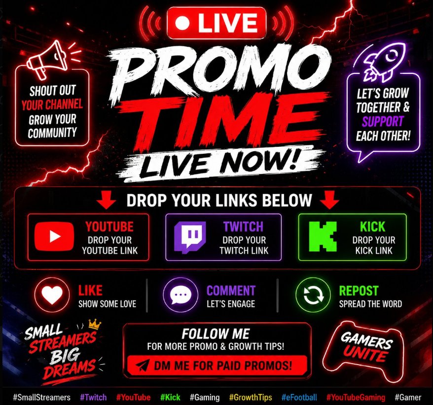 Promo_X_'s tweet photo. 🎮✨ STILL BUILDING YOUR CREATOR EMPIRE?

👍Like • ♻️Repost • 🔥COMMENT “GROW” + DROP YOUR CHANNEL 👇

@Promo_X_ helps YouTube,Twitch &amp; Kick creators gain organic visibility🚀

📩DM for special promos!🚀

#YouTube #Twitch #Kick #Gaming #SmallStreamer #Creator #efootball https://t.co/LkDK5yzZEZ