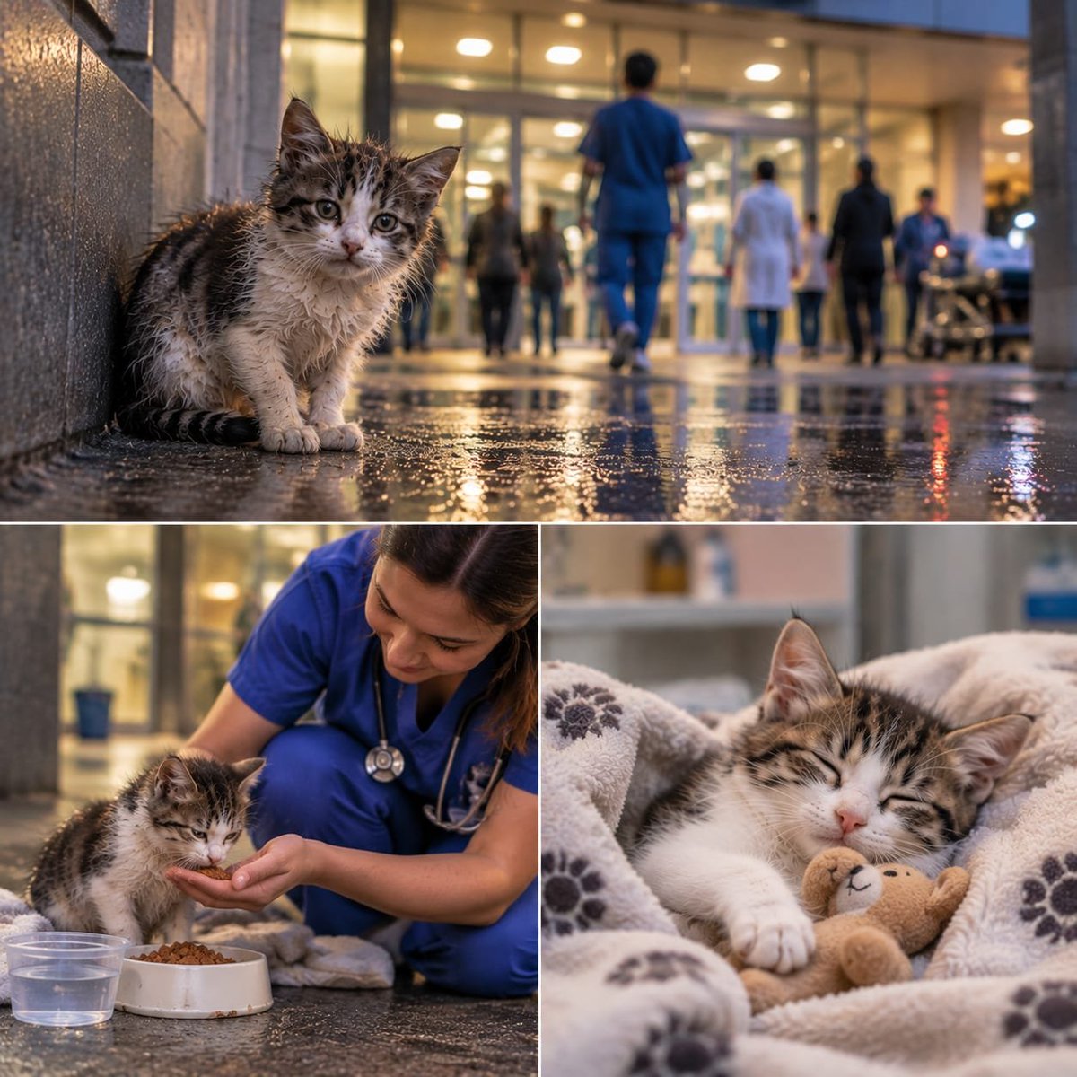 Kindhandss's tweet photo. 🐱 She Was Sitting Outside The Hospital… Waiting For Someone To Notice

Nobody knew where she came from.

Every night, the little cat sat near the hospital entrance, watching people walk in and out.

She was thin, tired, and scared.

But she never left.

Maybe she was hoping someone would help her.

Maybe she was waiting for the person she once trusted to come back.

One night, a nurse noticed her sitting alone in the cold. Instead of walking past, she brought some food and water.

The cat was afraid at first.

She kept her distance.

But kindness has a way of reaching even the most frightened hearts.

Day after day, the nurse returned.

Slowly, the cat started coming closer.

The fear disappeared.

The trust returned.

The same little cat who once slept outside a hospital door now sleeps safely in a warm home.

She was not asking for much.

Just one person to stop.

One person to care.

Sometimes a rescue story is not about a big miracle.

Sometimes it is simply about someone noticing a small life that everyone else ignored. ❤️🐾

What would you do if you found her waiting outside?

#CatRescue #AnimalRescue #SaveCats #RescueStory #KindnessMatters