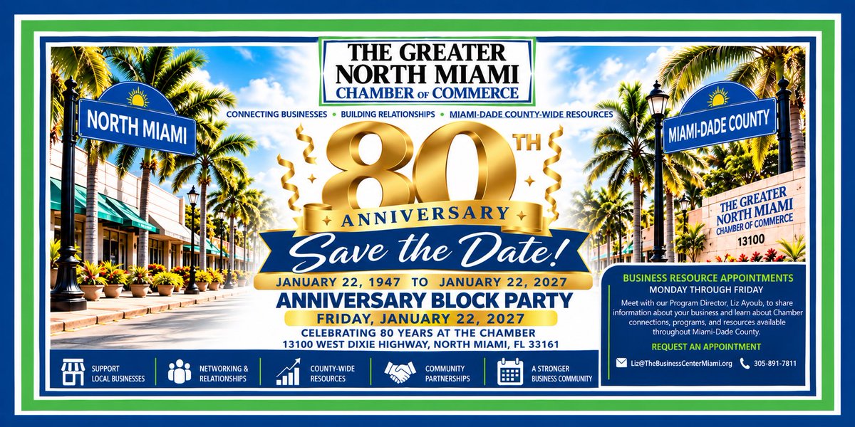 GNMiamiChamber's tweet photo. 🎉 SAVE THE DATE | 80 YEARS

The Greater North Miami Chamber celebrates its 80th Anniversary on Friday, January 22, 2027!

📍 13100 West Dixie Hwy, North Miami
🎸 Live band • Networking • Business connections • Community

1947–2027 | 80 Years
https://t.co/9kMbkEQO4k https://t.co/hcCJUnsKPH