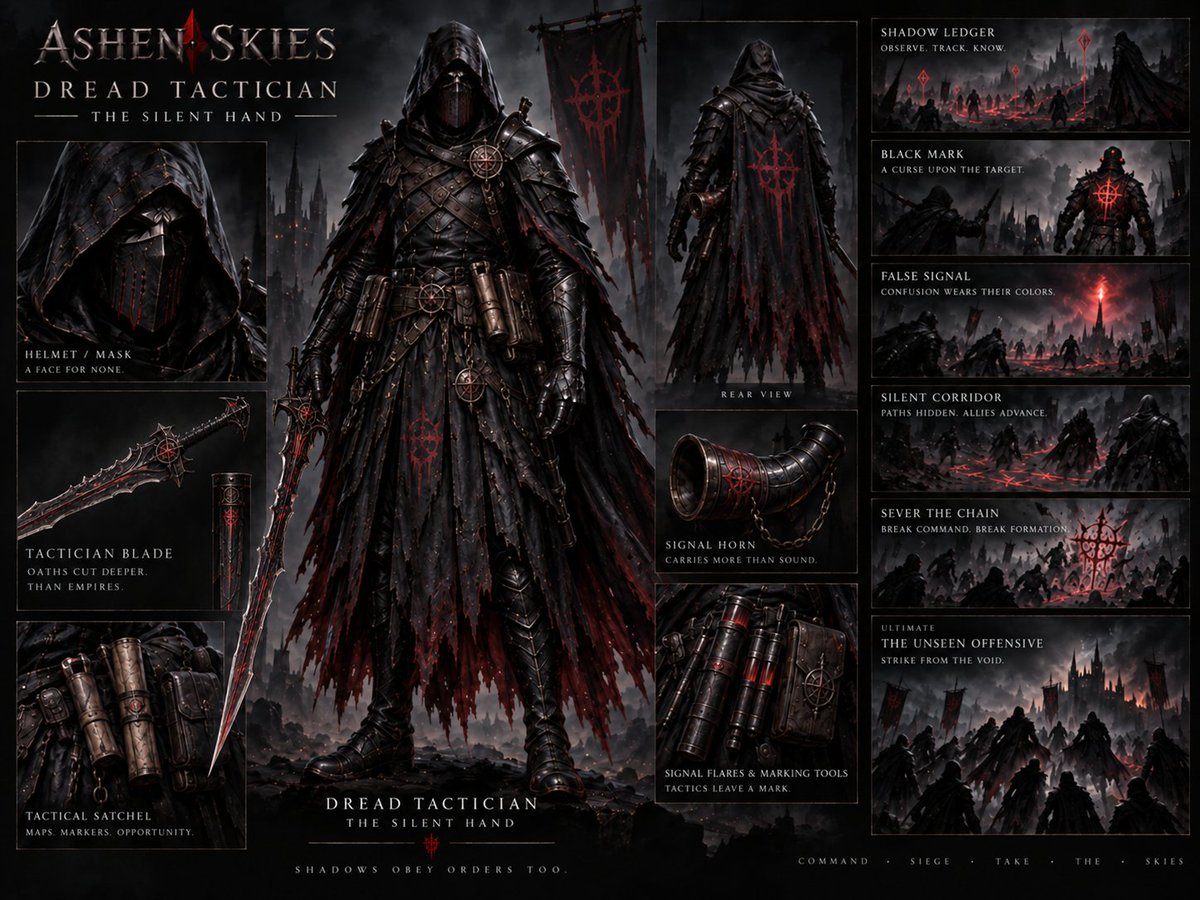 SwiftOmen's tweet photo. Captain Redesign — Dread Tactician: The Silent Hand
The Dread Tactician has been completely reworked into a darker, more occult battlefield controller.
New identity:

recon &amp; enemy marking

false signals and misdirection

flank coordination

command disruption
#AshenSkies https://t.co/urOEikX2Vr