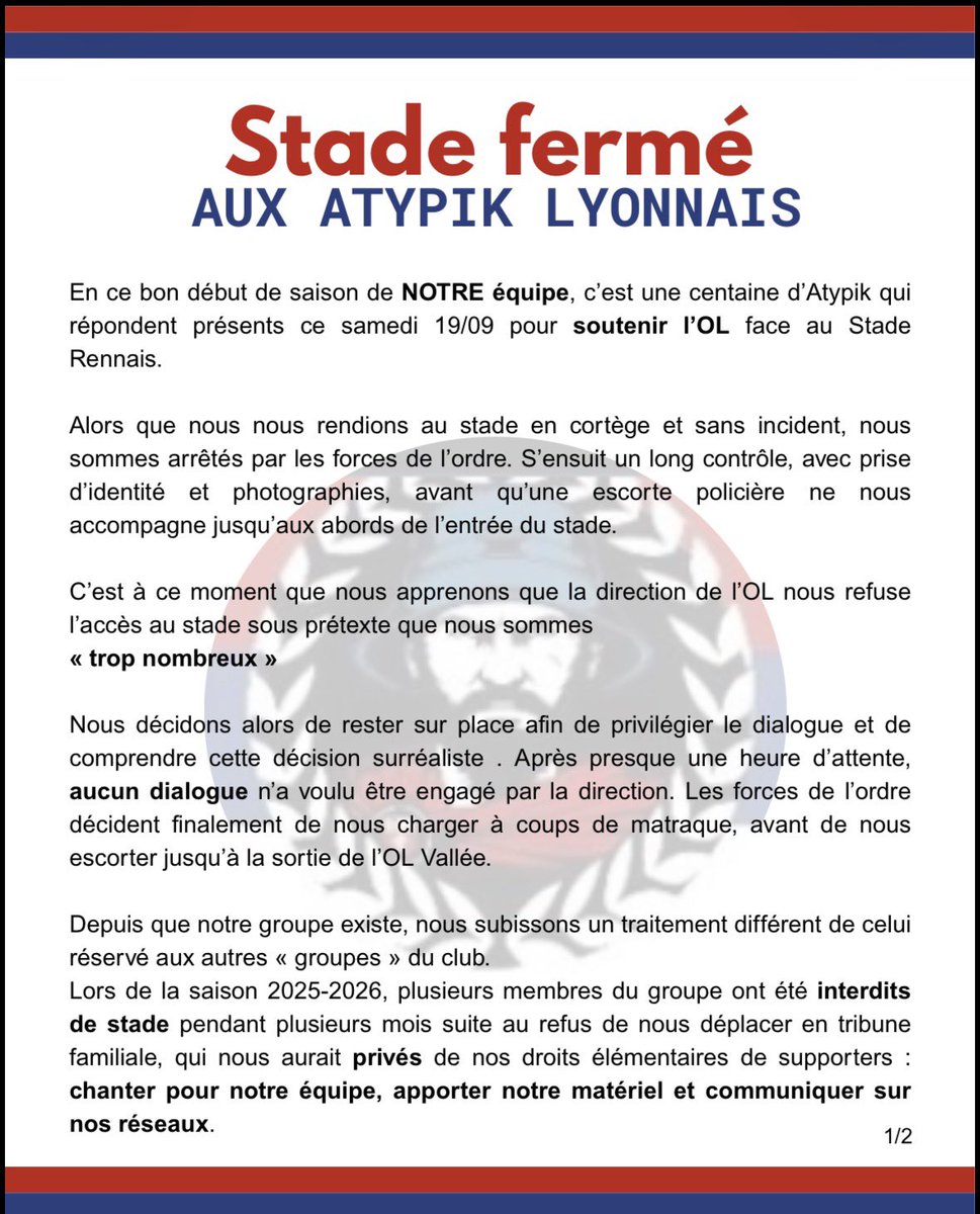 AtypikLyonnais's tweet photo. 19/09/2026 Stade fermé aux Atypik Lyonnais https://t.co/87yNyE1rm4