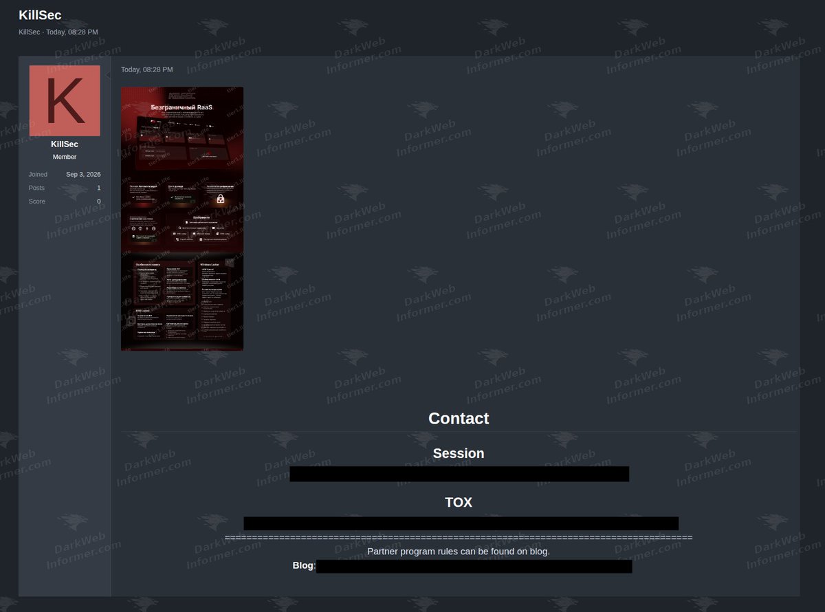 DarkWebInformer's tweet photo. 🚨 KillSec launches new ransomware-as-a-service affiliate program

A ransomware group using the name "KillSec" is advertising what it describes as a new "borderless RaaS" platform designed to provide affiliates with ransomware infrastructure, management tools, and victim-handling services.
⠀
Advertised capabilities include:
⠀
• Lockers targeting Windows, ESXi and NAS environments
• Affiliate dashboard for managing victims and builds
• Automated payment processing with cryptocurrency support
• Client analytics and victim prioritization
• Network scanning and lateral-spread functionality
• Encryption, execution-delay and anti-recovery features
• Log and snapshot deletion capabilities
• Built-in negotiator availability and call services
• 24/7 support and campaign-management tools
⠀
The advertisement claims affiliates receive 80% of successful ransom payments while the operators retain 20%.
⠀
KillSec is also promoting features for monitoring victim activity, managing ransom demands, generating builds, and coordinating negotiations through the platform.
⠀
The service, advertised functionality, payment structure, and operational capabilities have not been independently verified.
⠀
💥 No delays. No guessing. No redactions. Get the intel threat actors see, the moment they post it. https://t.co/281Qjc6WSh