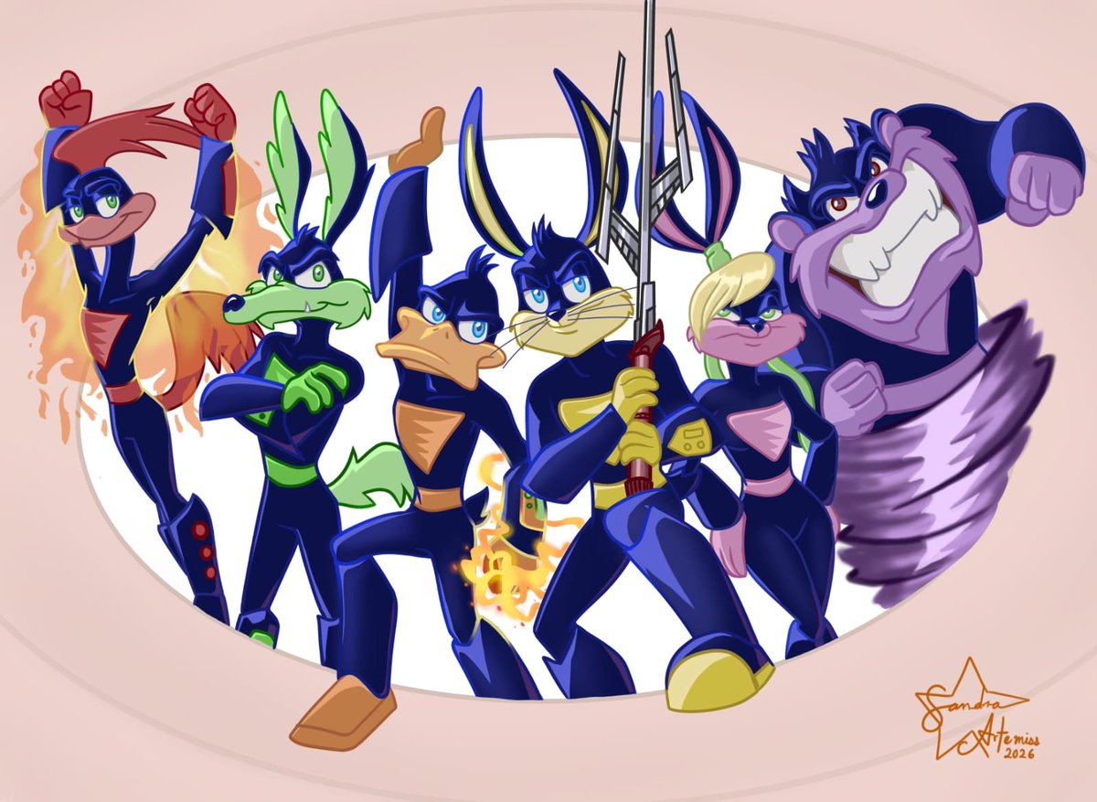 SandraArtemiss's tweet photo. Les comparto este dibujo de rediseño de los Loonatics Unleashed. 
¿Cómo se verían si uno su estilo con el clásico y El show de los Looney Tunes? 

Espero que les guste.

#LoonaticsUnleashed #FanArt #AceBunny #DangerDuck #TechECoyote #RevRunner #LooneyTunes https://t.co/Qu46w3IvhR