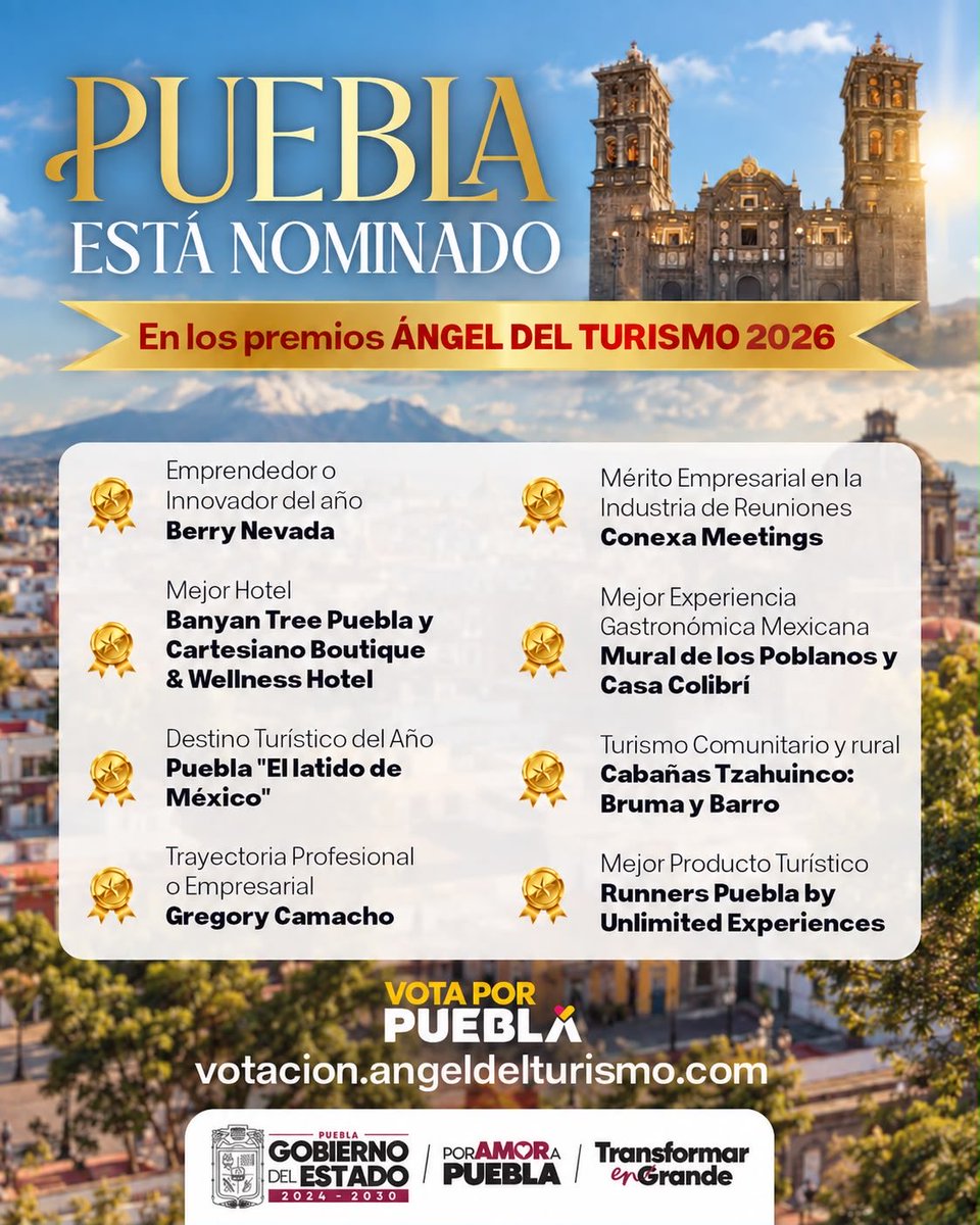 armentapuebla_'s tweet photo. ¡Puebla está nominada en los Premios Ángel de Turismo 2026! 🏆✨

Vota por Puebla y hagamos que el mundo conozca la grandeza, cultura, gastronomía y belleza de nuestro estado. 🗻🫔🤍 https://t.co/fImal5fIqU