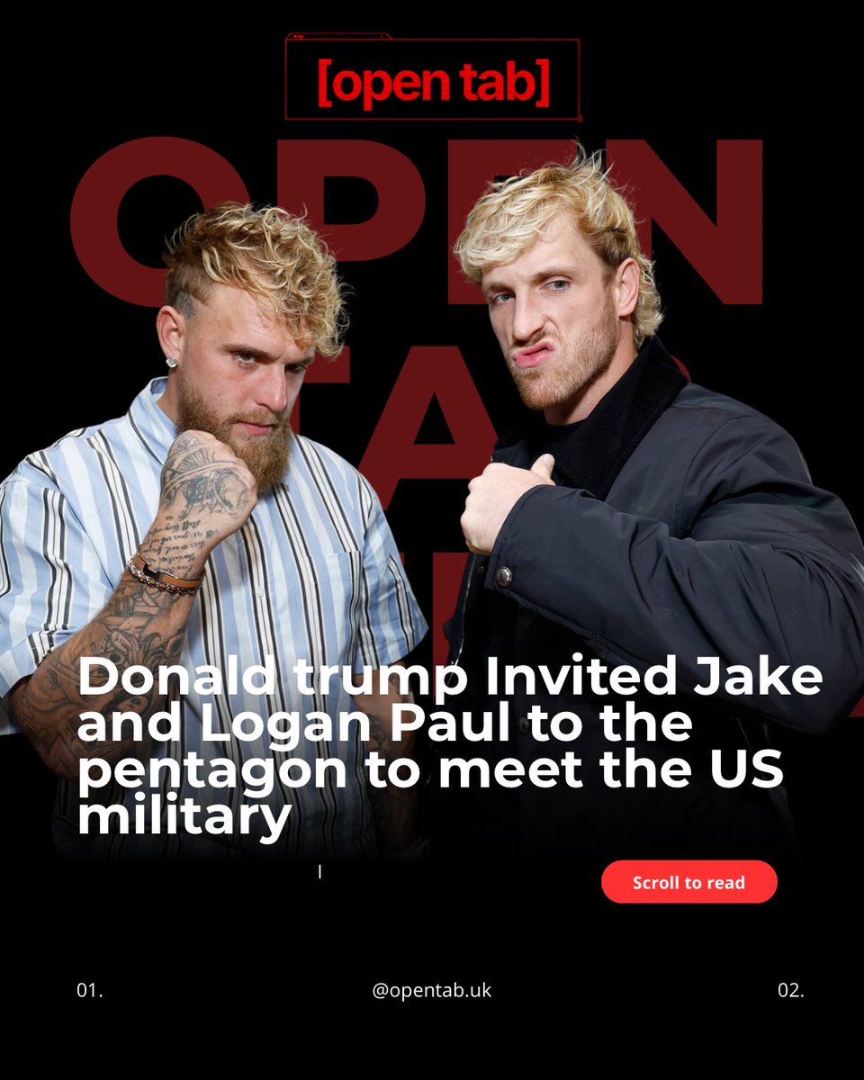 opentabuk's tweet photo. Today on x the department of justice posted that the president invited influencers Jake and Logan Paul to the pentagon to meet with the US military 

Jake Paul spoke at a March 2026 rally in Kentucky, praising Trump for teaching him “courage” https://t.co/sOjQF6Bw5p