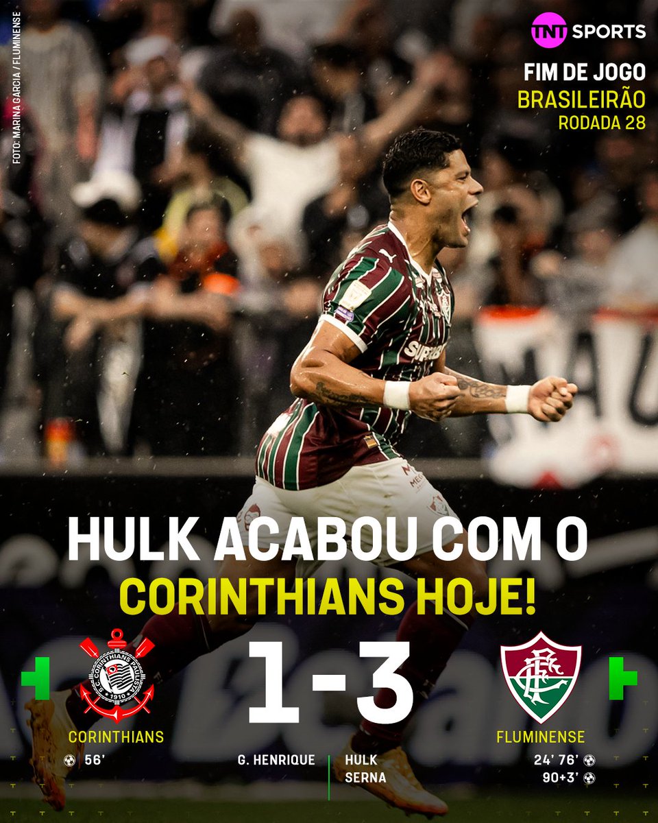 TNTSportsBR's tweet photo. FESTA TRICOLOR NA NEO QUÍMICA ARENA! 🇭🇺🇭🇺🇭🇺 DOIS GOLS DO HULK E VITÓRIA DO FLU PRA CIMA DO CORINTHIANS!

#FBR #Brasileirão https://t.co/bbDKcjleES