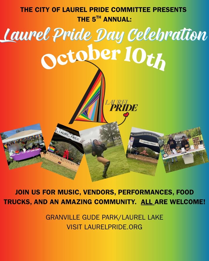 cityoflaurel's tweet photo. Mark your calendars for the City of Laurel's 5th annual Pride Day Celebration on October 10th! Visit Granville Gude Park from 11a-4p for vendors, performances, and community at this welcoming, family-friendly event. https://t.co/5gfYedIALu