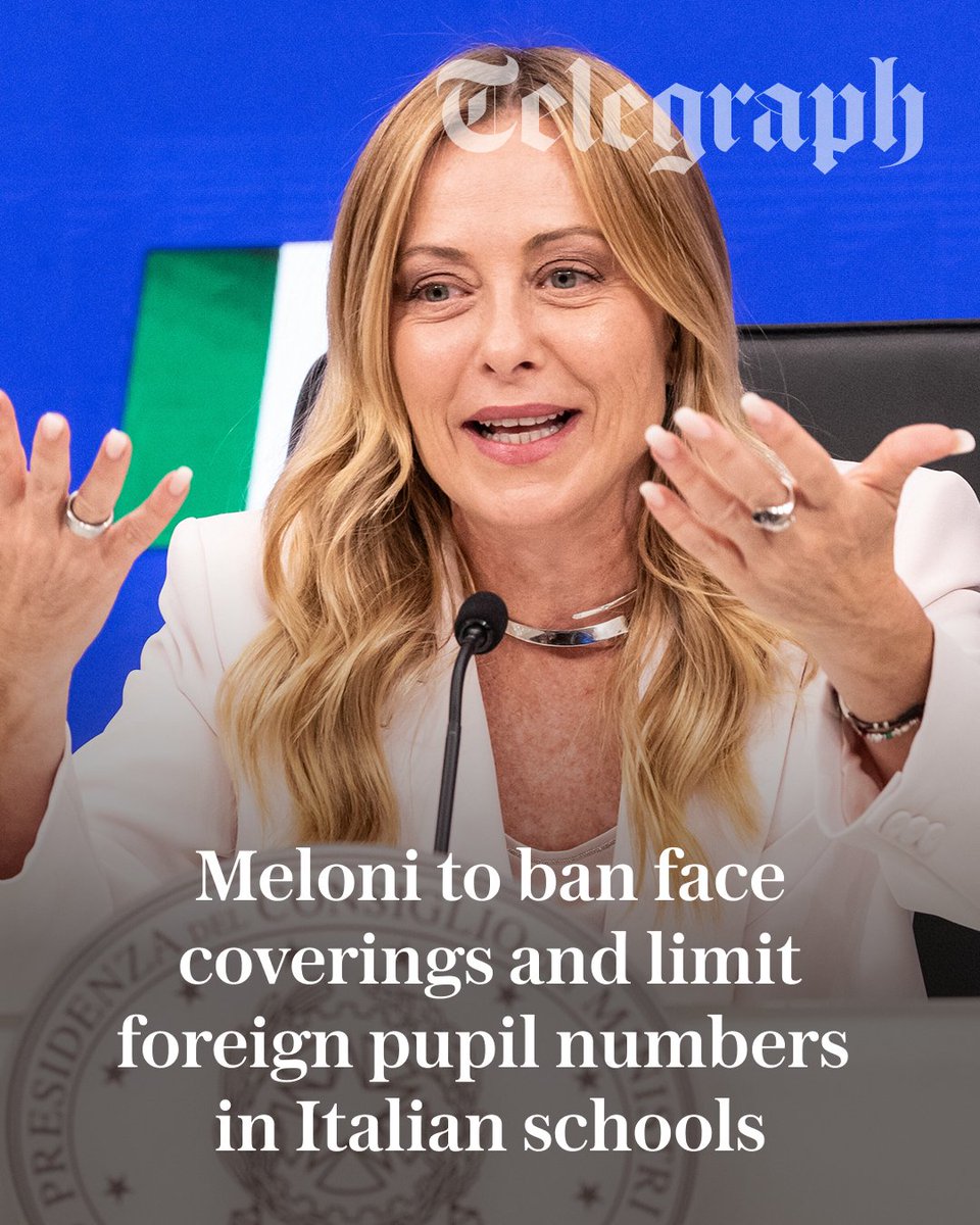 Telegraph's tweet photo. Giorgia Meloni has said Italy will ban the burka and niqab in schools and limit the number of foreign students per class.

The prime minister told an annual gathering of the youth wing of her Brothers of Italy party that Italian children must not “feel cornered” because they were a minority.

🔗 https://t.co/luQBCDcOc1