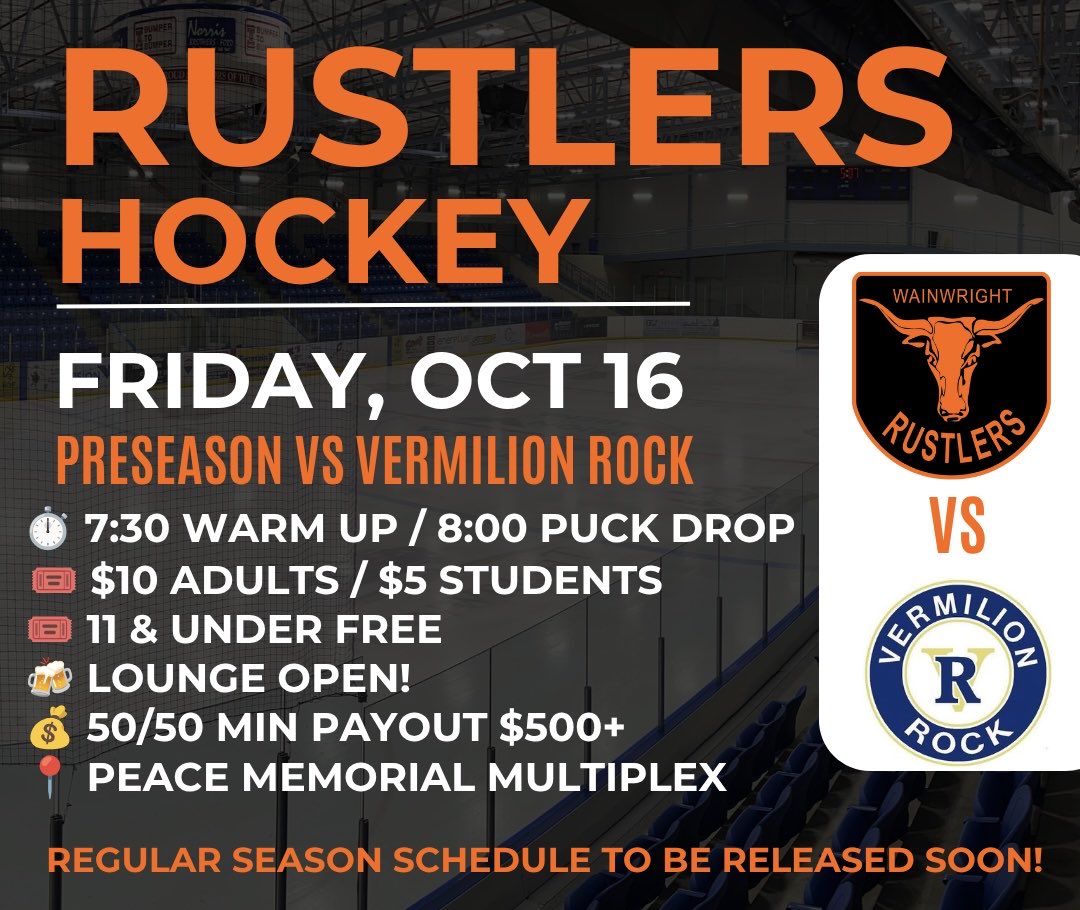 WWRustlers's tweet photo. Hockey Season is almost here!

The Rustlers hit the road for our first preseason game in Vermilion on Saturday, October 10, before returning home to take on the Vermilion Rock on Friday, October 16 at the Peace Memorial Multiplex! https://t.co/5iL9z5Pdd5