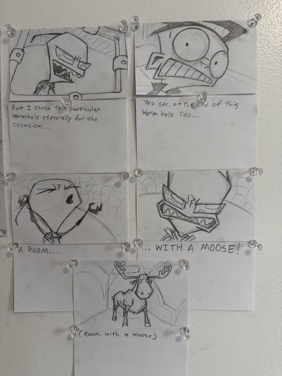 OthelloVonRowan's tweet photo. Finished a storyboarding exercise where we were allowed to redraw any scene. I chose βRoom With a Mooseβ from Invader Zim lol #iztwt #invaderzim #storyboards https://t.co/4iMSgljWBP