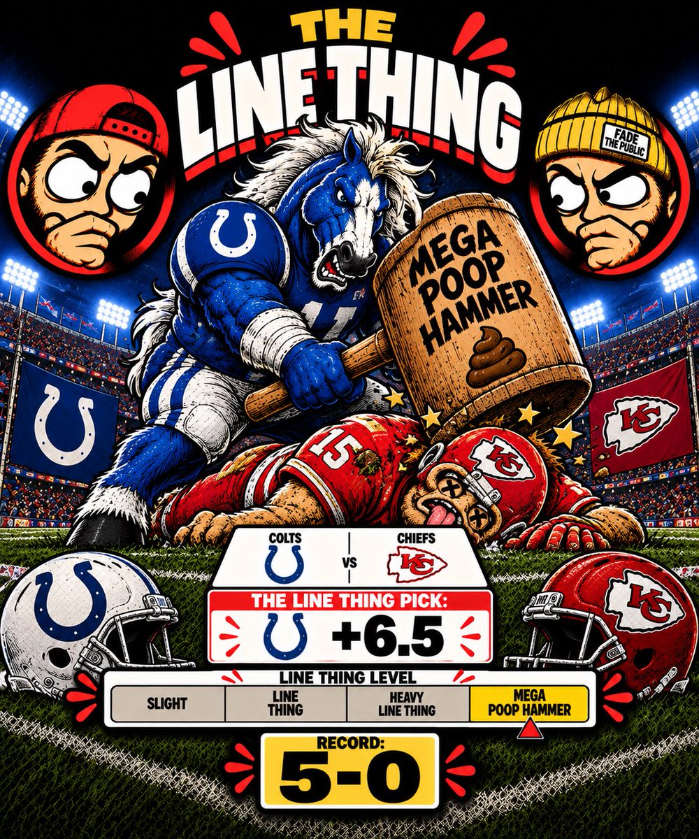 TheLineThing's tweet photo. 5-0. UNDEFEATED.

We’ve tried being reasonable about this.

That ends tonight.

COLTS +6.5.

🚨 MEGA POOP HAMMER. 🚨 https://t.co/UxdwtvaUBA