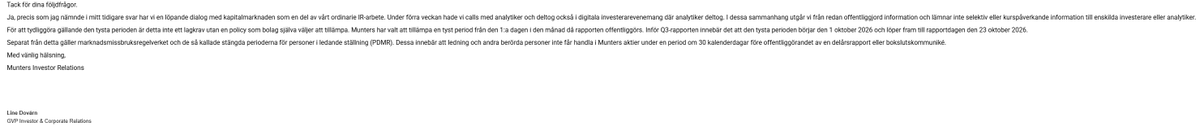 KalmarTrejd's tweet photo. $MTRS Munters IR Ja, precis som jag nämnde i mitt tidigare svar har vi en löpande dialog med kapitalmarknaden som en del av vårt ordinarie IR-arbete. Under förra veckan hade vi calls med analytiker och deltog också i digitala investerarevenemang där analytiker deltog. https://t.co/WMGbBKvSL1