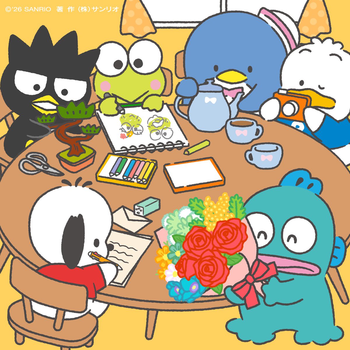 hapidanbui's tweet photo. ばつ丸「で、今日はなんの会なんだ？」
けろっぴ「ありがとうパーティだよー！」
ハンギョドン「喜んでくれるといいねぇ〜 」 https://t.co/lW5fiCNtUa