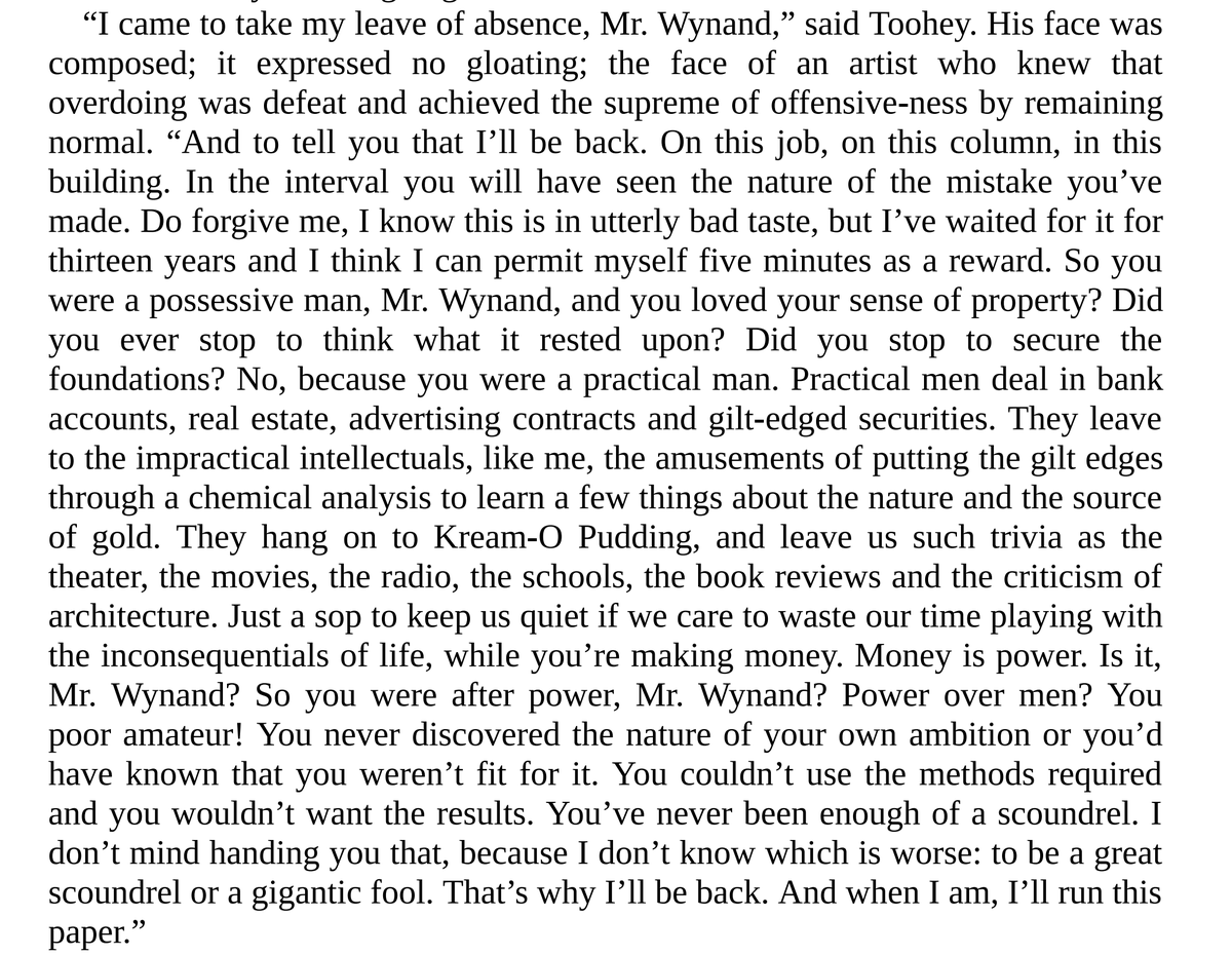 oecolamp's tweet photo. Public schooling is a great illustration of this passage from The Fountainhead. Education is one of those "soft" industries, like healthcare, where caring too much about it makes practical men feel kind of womanly. So they let the government pour slime in kids' ears for 16 years. https://t.co/uAx53fLbWW