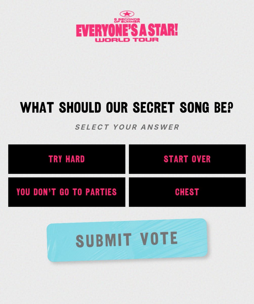 5SOSBrazil's tweet photo. OPÇÕES DE VOTAÇÃO PARA A MÚSICA SECRETA PARA O SHOW DE BELO HORIZONTE:

- TRY HARD
- START OVER
- YOU DON'T GO TO PARTIES
- CHEST 

#BeloHorizonteIsAStar #EASBeloHorizonte https://t.co/24QCo4UIst
