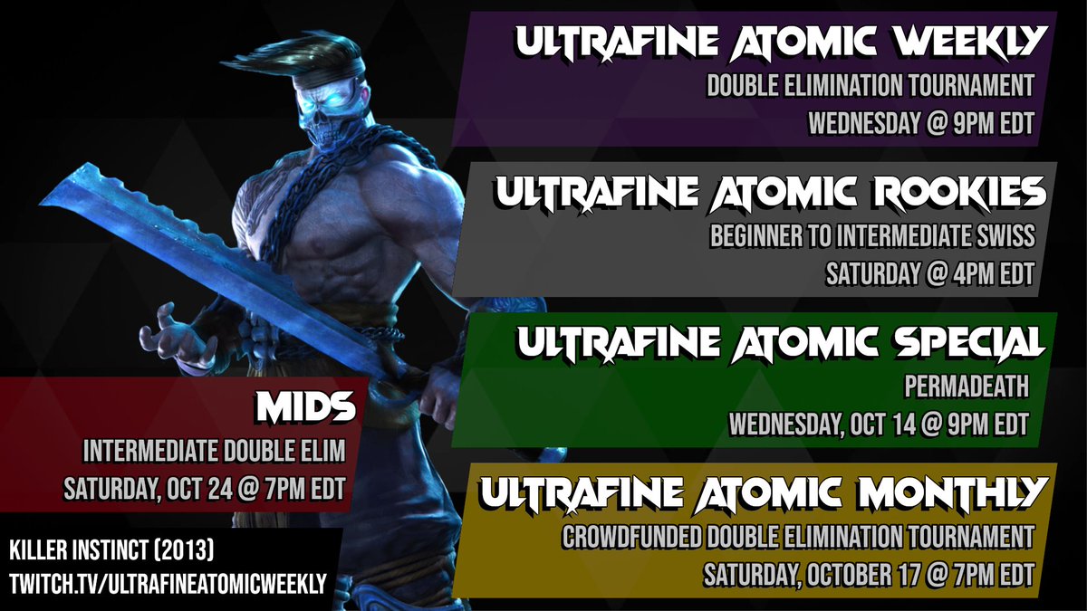 UltrafineWeekly's tweet photo. It's an alternate week for Ultrafine! Double Elimination on Wednesday at 9pm EDT and Beginner to Intermediate Swiss at 4pm EDT on Saturday. #PlayKI

Next Tourney Signup (WEEKLY):
https://t.co/hbTsRiRxhR

Signups for the other brackets are in the UAW Discord https://t.co/AVukBYRflW