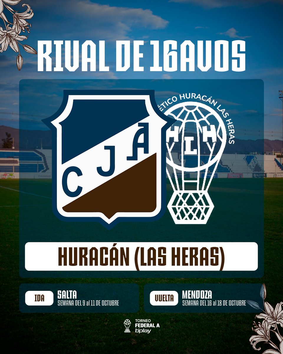 CJAOficial's tweet photo. 𝐓𝐞𝐧𝐞𝐦𝐨𝐬 𝐫𝐢𝐯𝐚𝐥 𝐩𝐚𝐫𝐚 𝐥𝐚 𝐑𝐞𝐯𝐚́𝐥𝐢𝐝𝐚 𝟐𝐝𝐚 𝐟𝐚𝐬𝐞 💪🏼

El Santo ya conoce a su próximo rival en los 16avos del Torneo Federal A

👉🏻 Huracán de Las Heras

📌 Ida: Salta | Semana del 9 al 11 de octubre.
🚌Vuelta: Mendoza | Semana del 16 al 18 de octubre.

¡Vamos, Juventud! Todos juntos en esta nueva etapa 💙🤍🤎