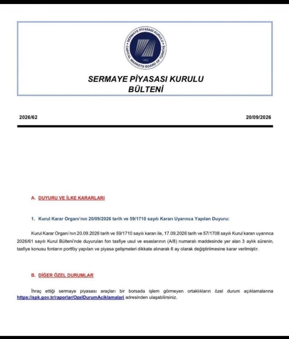 UmitCicek1010's tweet photo. Fon tasfiye usul ve esasları için belirlenen 3 aylık sürenin, tasfiye konusu fonların portföy yapıları ve piyasa gelişmeleri dikkate alınarak 6 ay olarak değiştirilmesine karar verildiği açıklandı. https://t.co/M2VEJdwWMw