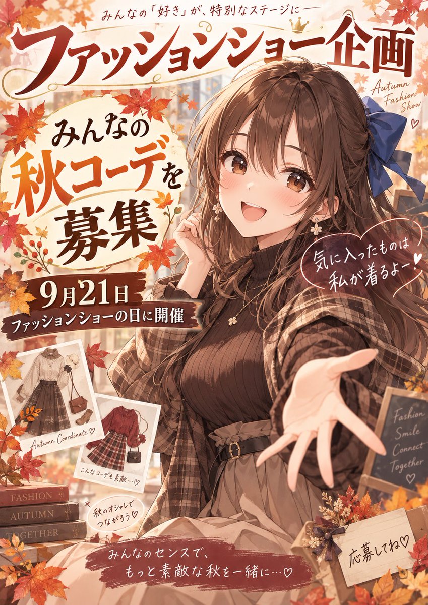 nannan_blue's tweet photo. 🍁ファッションショー企画、スタート！🍁

今日は「ファッションショーの日」

ということで、みんなの秋コーデを大募集しますー！！！！

開催時間 21日7時～22日22時まで！

簡単なルール
#なんなんファッションショー
@nannan_blue
↑をコピペ、引用して投稿してください！
メンションが飛んでこないと気づけない可能性があるので...！

「なんなんにこれ着てほしい！」
「この組み合わせ絶対似合う！」
「うちの子の自慢のコーデだよ！」
そんな秋コーデをどんどん見せておくれー！！！！！！

私もちょくちょく投稿予定！！！

気に入ったコーデは、実際に着せてみたい！！

かわいい系も、かっこいい系も、
個性全開もネタ系も大歓迎！

さあ、みんなのセンスを見せてー！！！