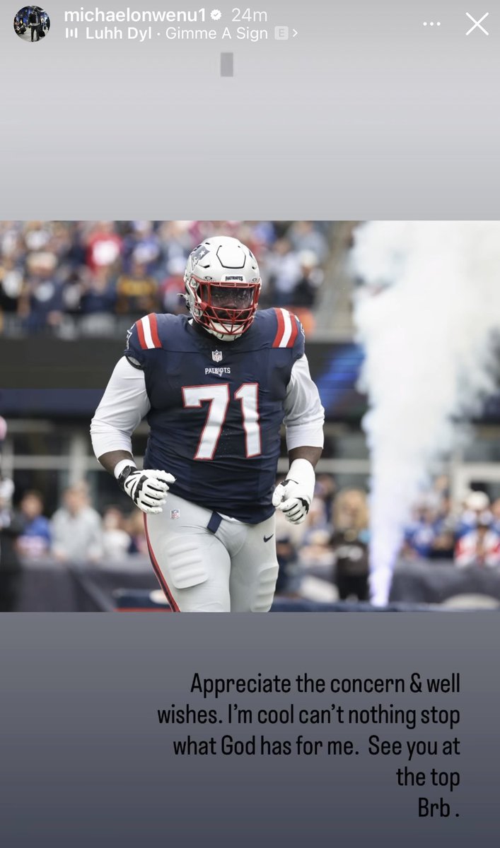 LosTalksPats's tweet photo. #Patriots RG Mike Onwenu, who exited today’s game with a scary leg injury, shared some words on Instagram:

“Appreciate the concern &amp; well wishes. I'm cool can't nothing stop what God has for me. See you at the top 
Brb.”

(📸 michaelonwenu1 IG) https://t.co/HTnrw76HBX