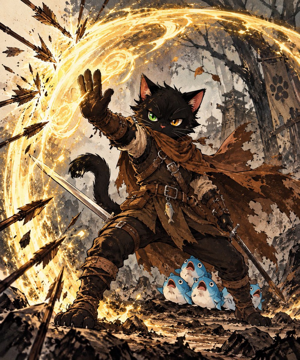 Iwillrug_u's tweet photo. 守るものがあるなら、IWRUは本気になる。🐈‍⬛⚔️🔥
たとえ世界中の矢が飛んできても……

魚には絶対に手を出させない。🐟🐟🐟😂

最終日、IWRUも「守り」の力を見せます！✨
素敵な企画をありがとうございます @Teto_Sangokushi 🐾

#その力見せてもらおう #AIイラスト #AIart #猫イラスト #IWRU https://t.co/e6sg7doxH2