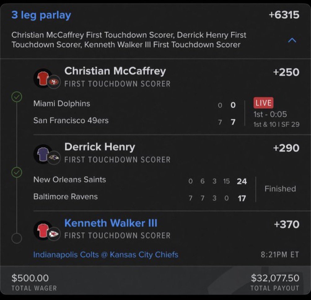 Davisparlay's tweet photo. 🔥 3-LEG FIRST TD PARLAY +6315 🔥
✅ CMC FIRST TD
✅ DERRICK HENRY FIRST TD
🟢 KENNETH WALKER III FIRST TD — LAST LEG!
$500 ➡️ $32,077.50 💰💰
ONE MORE AND WE CASH 😤🔥
#NFL #NFLBetting #Parlay #FirstTD #SportsBetting #Seahawks #Chiefs #Colts #BettingTwitter #Football https://t.co/5VSdDB7GGA