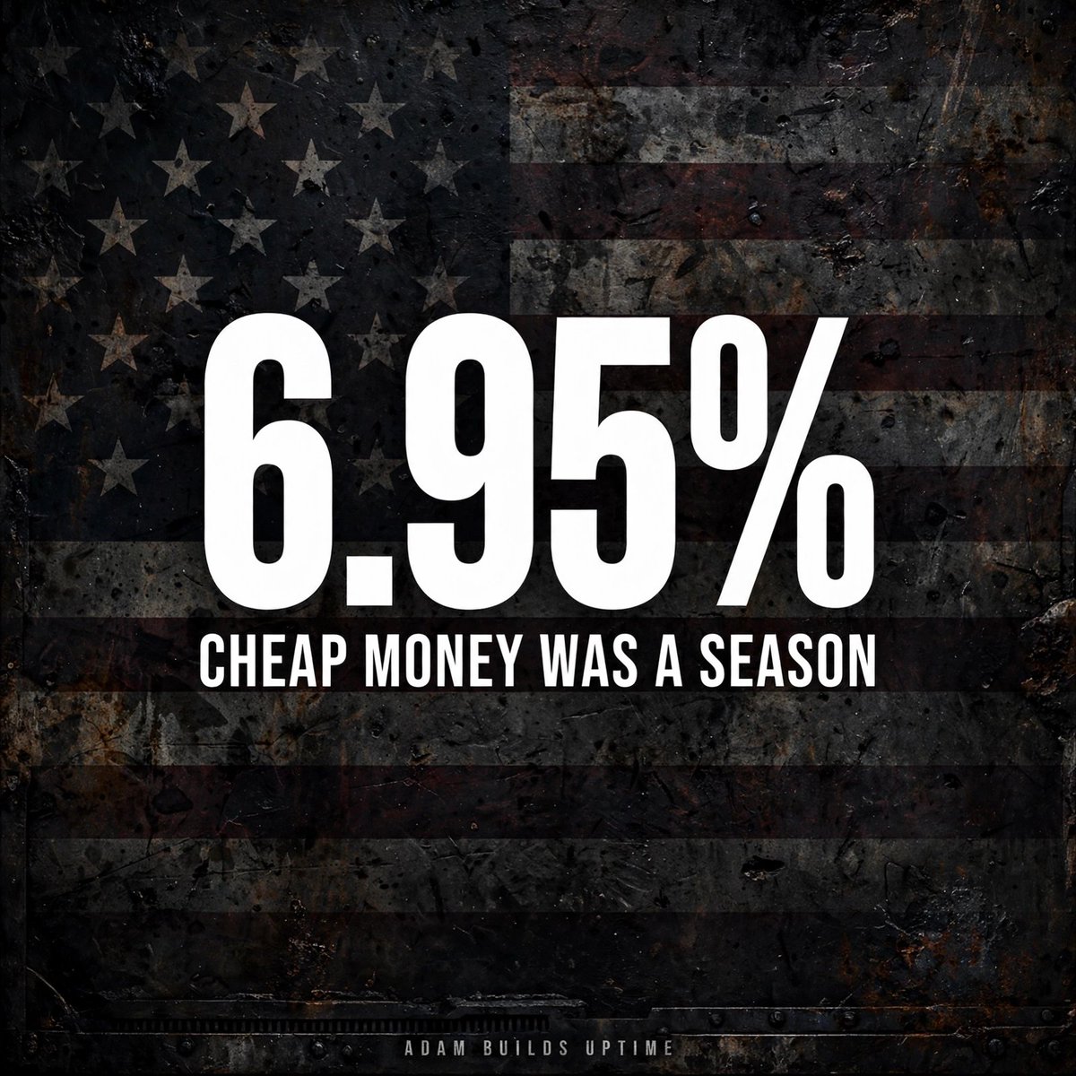 adambuilduptime's tweet photo. 30-year mortgage just hit 6.95%, highest since Jan 2025.

Locked a low rate when money was cheap? That rate is an asset now. Protect it.

Cheap money was a season. Seasons end. https://t.co/3iTjy8kL28